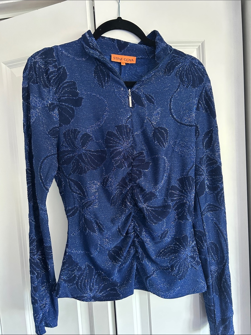 STINE GOYA Navy Blue Glitter Floral Zip-Front Long Sleeve Top